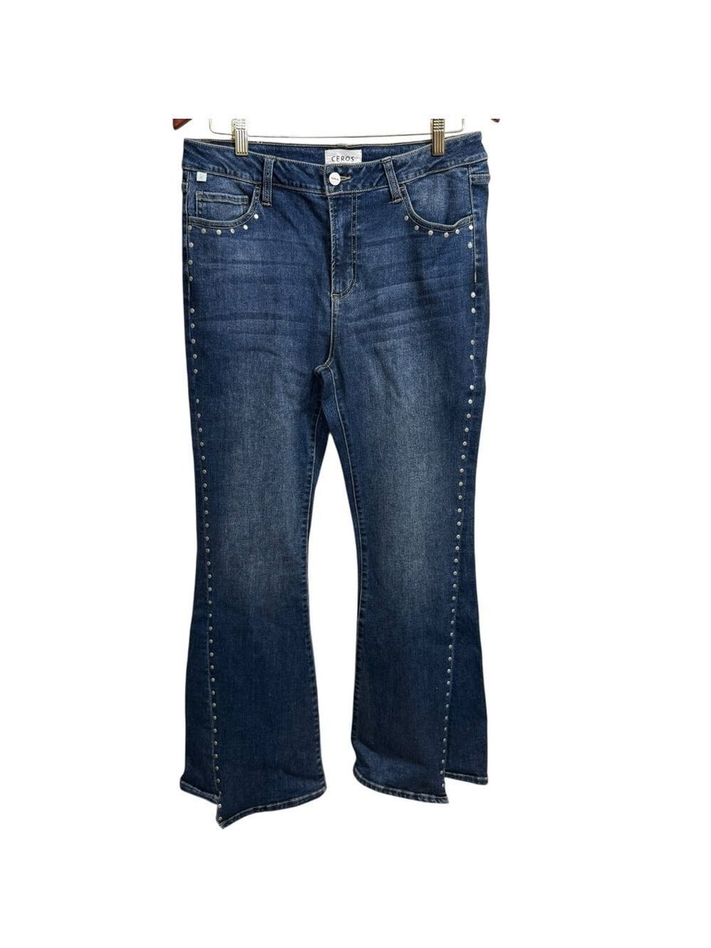 Ceros Studded Flare Jeans Size 13/31 Dark Wash Stretch Denim Mid Rise